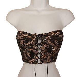 NEW CARMIN Brown Black Lace Front Lace Up Strapless Bandeau Crop Top Small